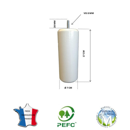 Pied de Lit Cylindre de 9 à 35 cm - Ø 70 mm - Vis 8 mm