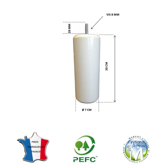 Pied de Lit Cylindre de 9 à 35 cm - Ø 70 mm - Vis 8 mm