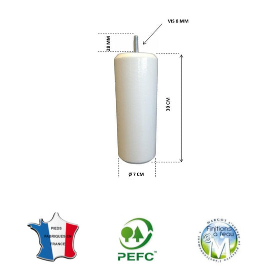 Pied de Lit Cylindre de 9 à 35 cm - Ø 70 mm - Vis 8 mm