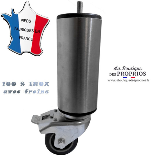 Pied de lit roulettes freins Inox 20 cm